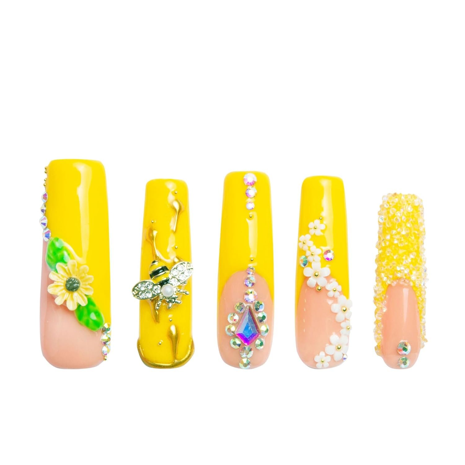 Handmade Honey Bee Yellow Press-On Nails with Full Crystal Design – Mid-Length Square Shape