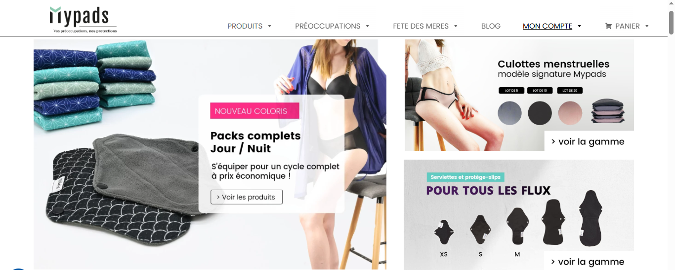 Culottes menstruelles et serviettes hygiéniques lavables Mypads pour tous les flux, du XS au XL.