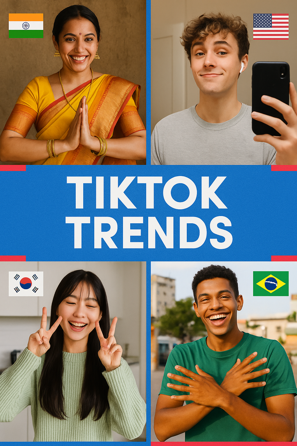 TikTok users from India, USA, South Korea, and Brazil showcasing global trends in 2025