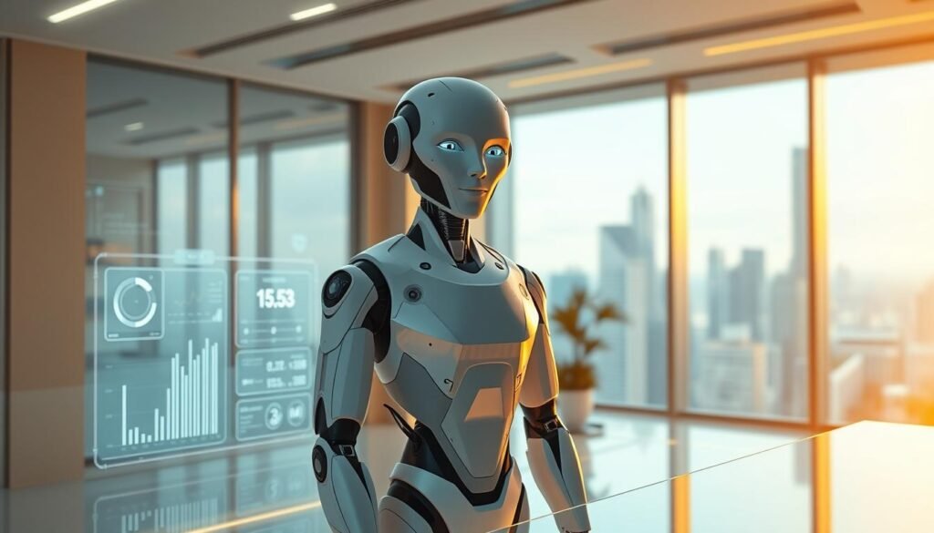 A futuristic AI research assistant in a minimalist office setting, bathed in warm ambient lighting. The assistant, a lifelike android with a sleek, angular design, stands at a glass desk, holographic displays and data visualizations floating around it. The background features floor-to-ceiling windows overlooking a skyline of gleaming skyscrapers. The atmosphere is one of cutting-edge technology, efficiency, and a sense of progress. The android's expression is calm and helpful, conveying a sense of competence and trustworthiness. A futuristic AI research assistant in a minimalist office setting, bathed in warm ambient lighting. The assistant, a lifelike android with a sleek, angular design, stands at a glass desk, holographic displays and data visualizations floating around it. The background features floor-to-ceiling windows overlooking a skyline of gleaming skyscrapers. The atmosphere is one of cutting-edge technology, efficiency, and a sense of progress. The android's expression is calm and helpful, conveying a sense of competence and trustworthiness.