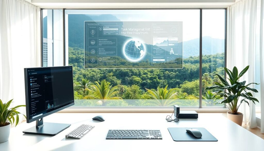 A serene workspace flooded with natural light, showcasing an array of productivity-enhancing technologies. In the foreground, a sleek, minimalist desk adorned with a high-resolution monitor, a state-of-the-art wireless keyboard and mouse, and a tactile drawing tablet. Hovering above the desk, a holographic display projects an intuitive task management interface, allowing for seamless organization and prioritization. In the middle ground, a panoramic window offers a breathtaking view of a lush, verdant landscape, providing a sense of tranquility and inspiration. The background is dominated by a sophisticated AI assistant, represented by a softly glowing orb, ready to anticipate and fulfill any need, from research and analysis to scheduling and communication. The overall atmosphere is one of focused efficiency, enhanced by the harmonious integration of technology and nature. A serene workspace flooded with natural light, showcasing an array of productivity-enhancing technologies. In the foreground, a sleek, minimalist desk adorned with a high-resolution monitor, a state-of-the-art wireless keyboard and mouse, and a tactile drawing tablet. Hovering above the desk, a holographic display projects an intuitive task management interface, allowing for seamless organization and prioritization. In the middle ground, a panoramic window offers a breathtaking view of a lush, verdant landscape, providing a sense of tranquility and inspiration. The background is dominated by a sophisticated AI assistant, represented by a softly glowing orb, ready to anticipate and fulfill any need, from research and analysis to scheduling and communication. The overall atmosphere is one of focused efficiency, enhanced by the harmonious integration of technology and nature.