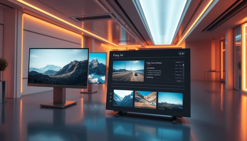 Foxy.ai Features A sleek, modern interface showcasing the key capabilities of the Foxy.ai AI image generator. In the foreground, high-resolution previews of various generated images - portraits, landscapes, and abstracts - displayed on high-quality digital screens. In the middle ground, intuitive controls and customization options for the image generation parameters, with a minimalist aesthetic. The background features a softly lit, futuristic environment with clean lines and subtle neon accents, creating an immersive, tech-forward atmosphere. Warm, inviting lighting casts a gentle glow over the scene, highlighting the advanced functionality and user-friendly design of the Foxy.ai platform.