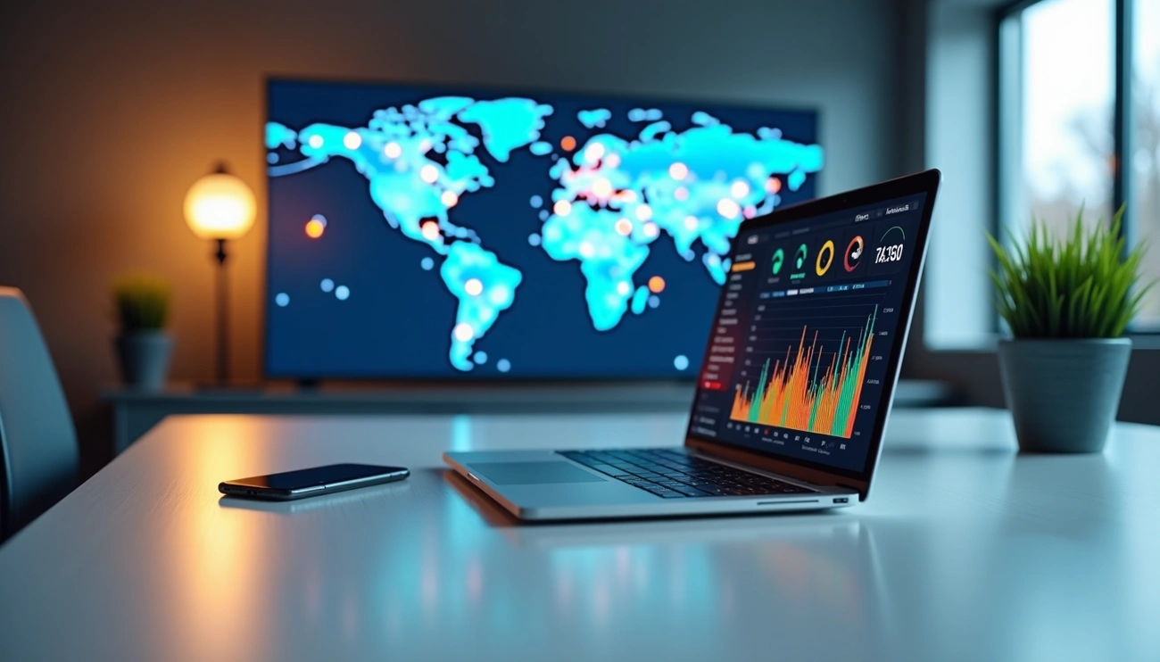 Modern laptop displaying business analytics dashboard and global data map, representing Pubrio’s 2025 B2B intelligence and worldwide data coverage.