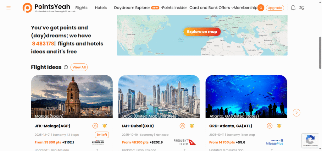 Screenshot of PointsYeah award flight search results showing flights and points comparison