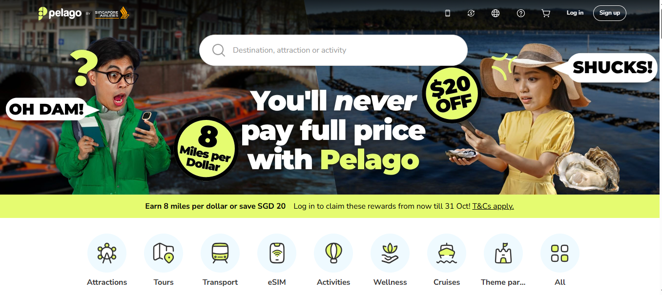 Screenshot of the Pelago Singapore Airlines booking platform, highlighting exclusive offers, passenger discounts, and KrisFlyer member benefits.