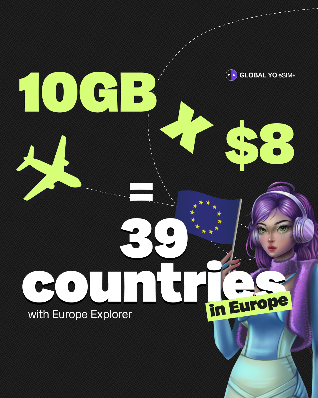 A traveler holding a phone with a glowing global network overlay